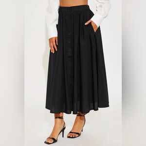 NWT Hunter & Brown Cotton Black High Waist Button-Up Midi Skirt with Pockets